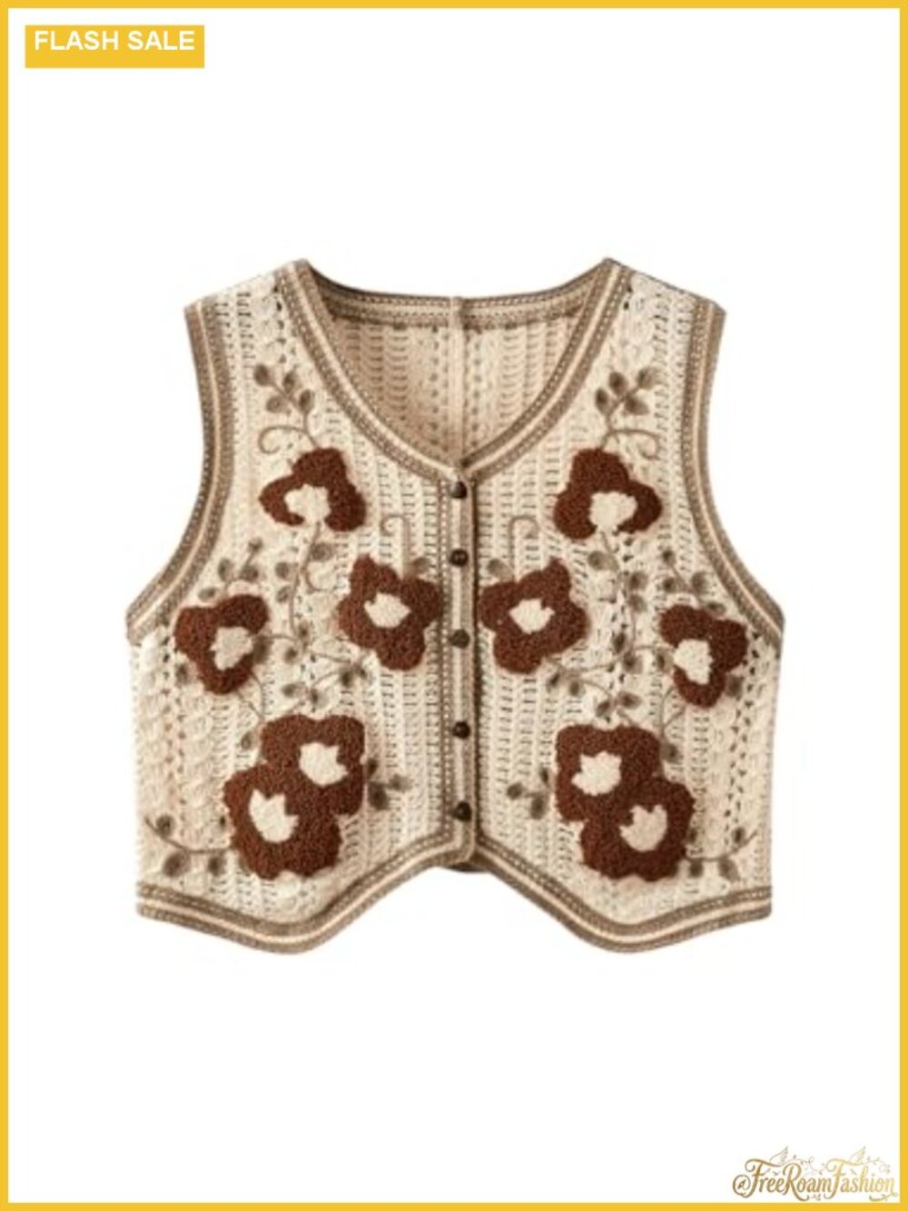 Verdusa Women's Sleeveless V-Neck Button Front Crochet Knit Sweater Vest